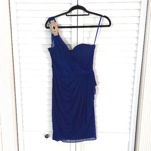 Cache Dress, Sz 6, Mini One Shoulder, Chiffon Overlay, Colbalt Blue, Rhinestone